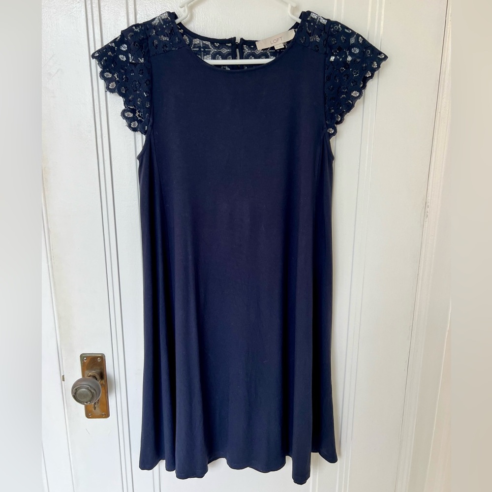 LOFT Navy Blue Dress with Lace Cap Sleeves and Small Back Cutout